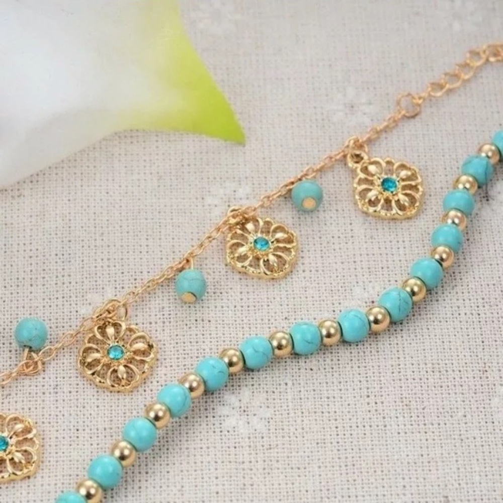 Boho Bohemian Gold Toned Turquoise Beaded Anklet - Picture 4 of 13